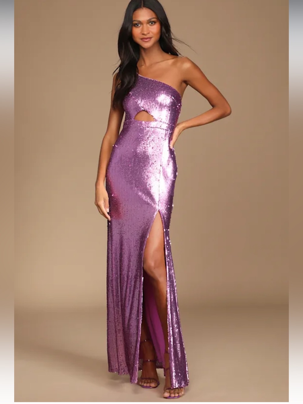New Lulus Sz Small Women’s Pink Sequin One-shoulder Cut-out Maxi Slit Gown Dress